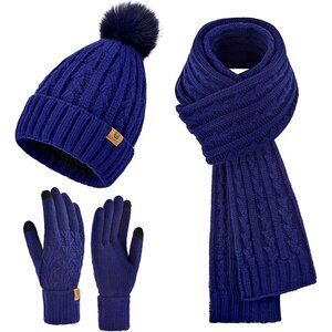 Women’s Blue Winter Beanie Hat Scarf & Touchscreen Gloves 3-in-1 Gift